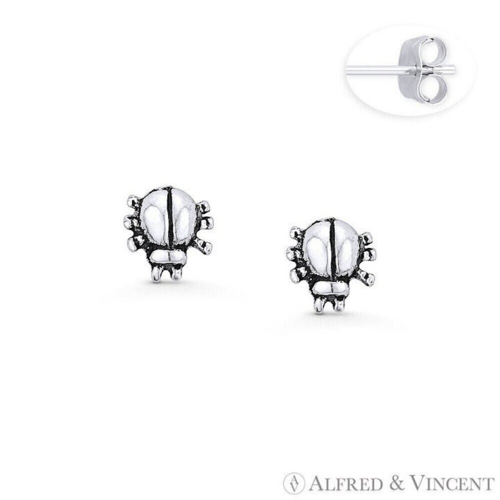 Bug / Tick Insect Charm Stud Earrings in Oxidized .925 Sterling Silver